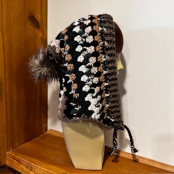 Hand Knit / Crochet Granny Style Hoodie with ties & faux fur pom pom for winte - Picture 1 of 10